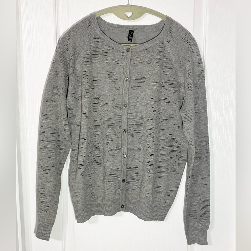 NWT Lapis Pointelle Open Knit Button Front Cardigan Gray Medium